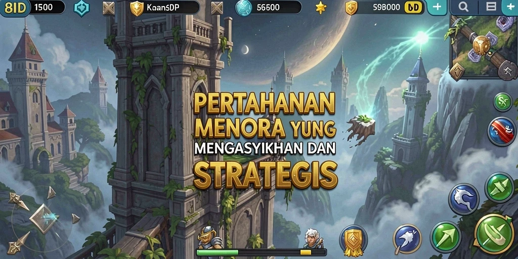 Tangkapan layar gameplay 8ID yang menunjukkan aksi menara mempertahankan basis dari serangan musuh.