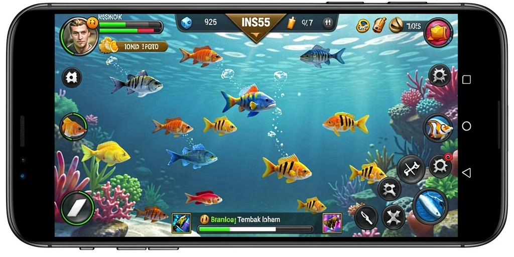 Screenshot gameplay INS55 menampilkan keasyikan berburu ikan.