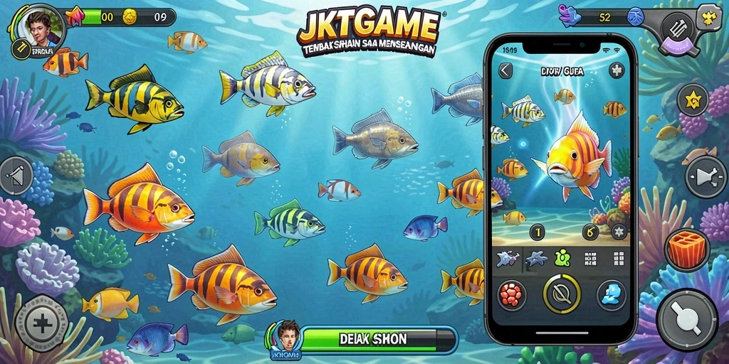Tampilan gameplay JKTGAME dengan menembak ikan berwarna-warni.