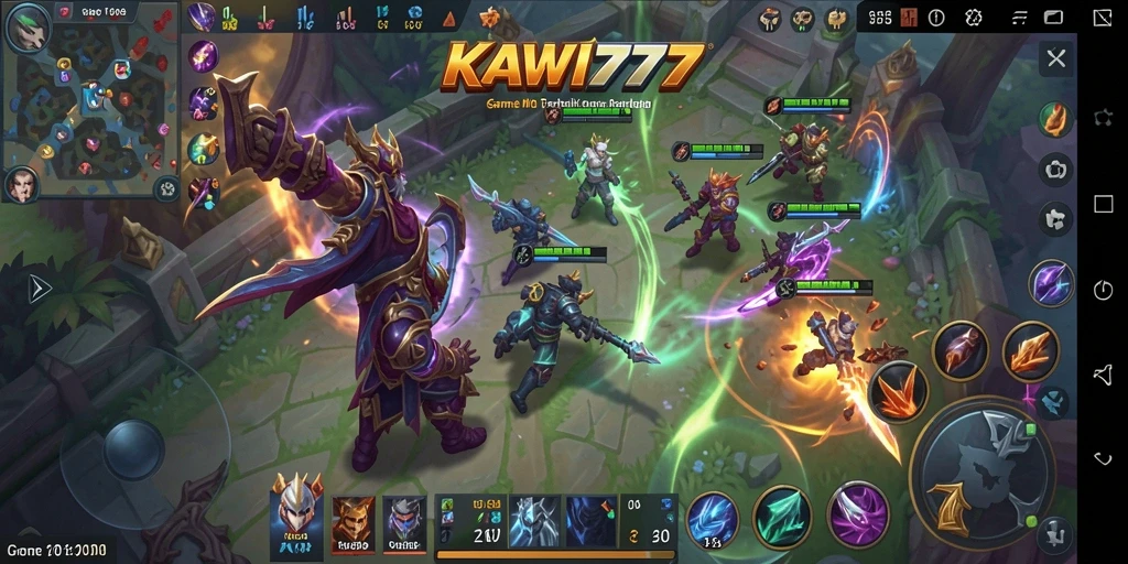 Screenshot KAWI777 menunjukkan aksi seru dalam pertempuran tim MOBA.