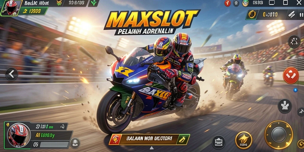 Screenshot gameplay MAXSLOT menampilkan aksi seru balapan motor.