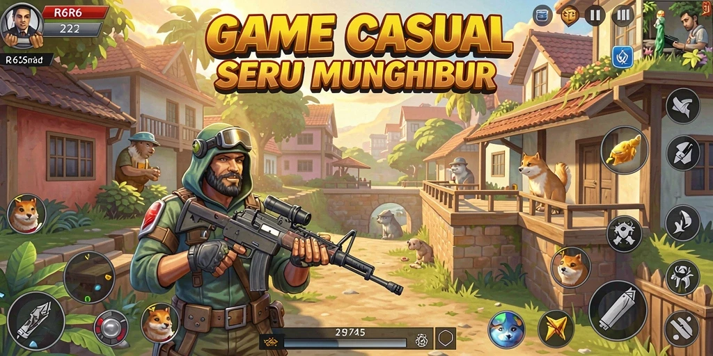 Tangkapan layar R6R6 menampilkan karakter-karakter lucu dalam gameplay yang penuh warna.