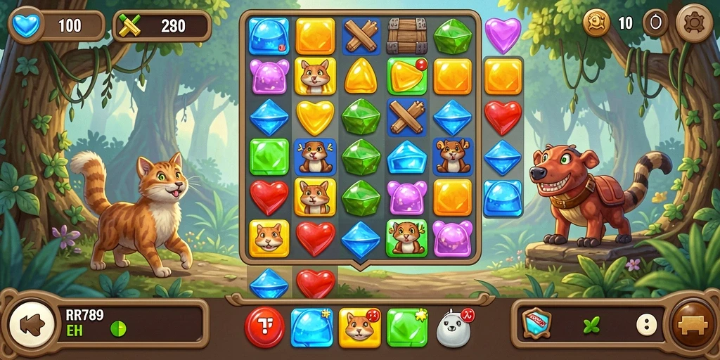 Screenshot gameplay RR789 menampilkan kombinasi warna-warni dalam permainan Match-3.