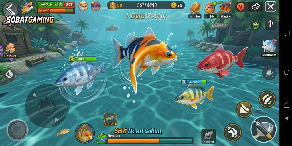 Screenshot gameplay SOBATGAMING dengan aksi menembak ikan.