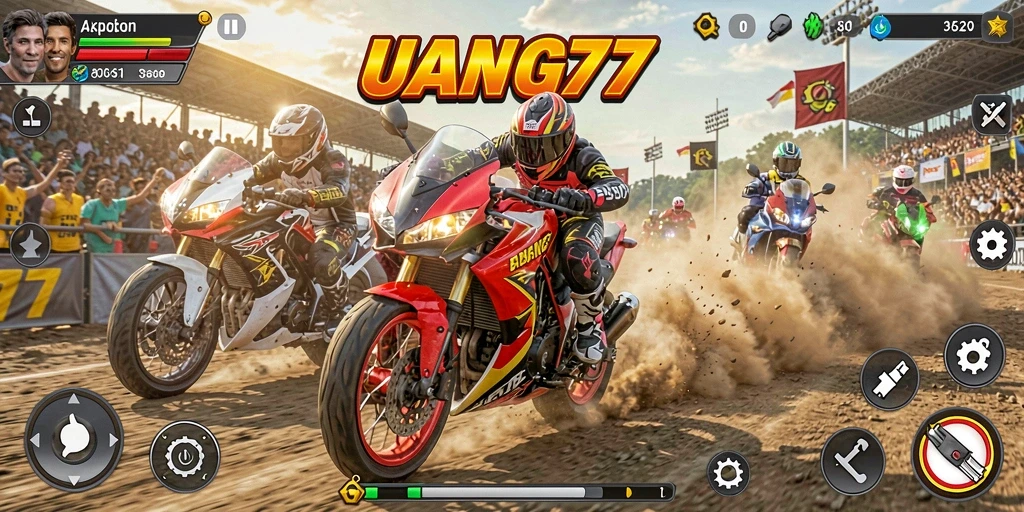 Gameplay seru UANG77 dengan balapan motor mendebarkan.